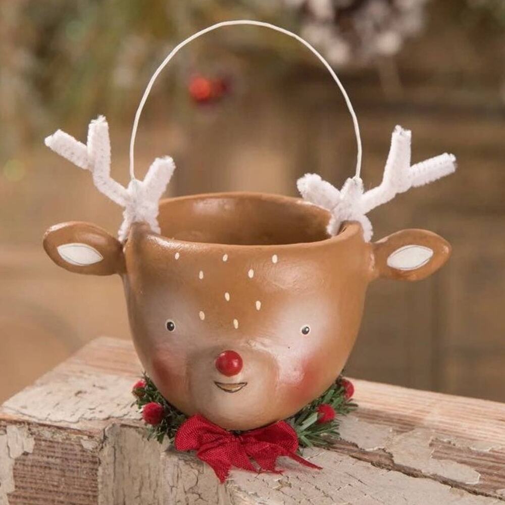 New Bethany Lowe Michelle Lauritsen Reindeer Bucket Christmas Rudolph Red Nose